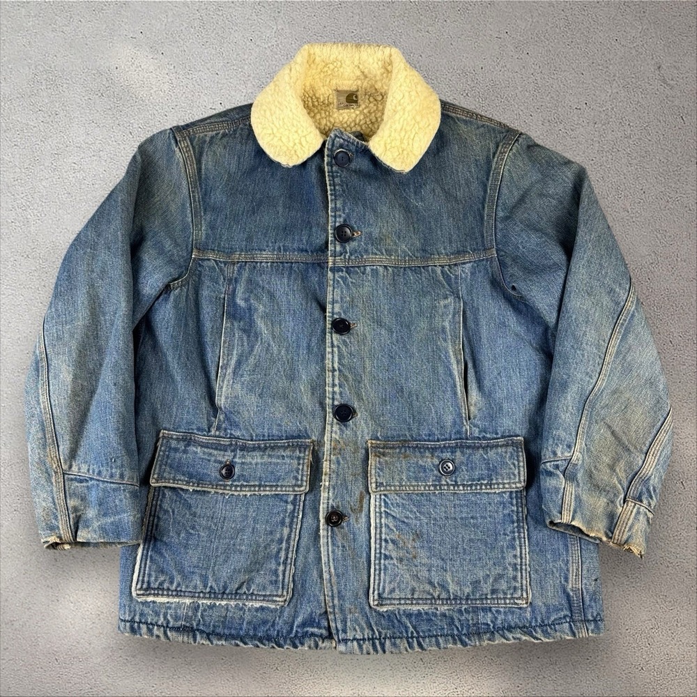 Vintage 70s Carhartt Denim Sherpa Barn Chore‎ Coat Jacket Men's 42 USA